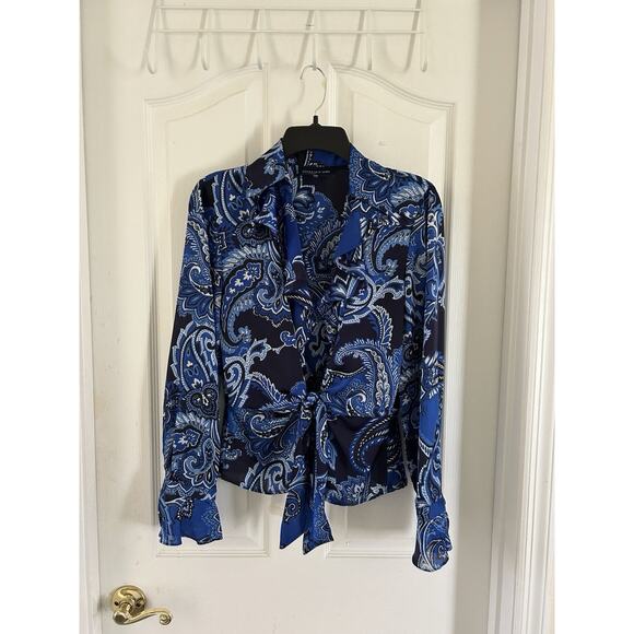 Jones New York Signature Women's S Blue Geo Print Front Tie, Fitted Waist, Flare - Picture 1 of 16